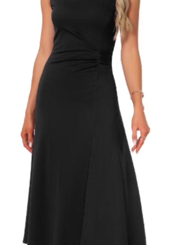 Inspire Chic Women's Formal Sleeveless Ruched High Waist A-Line Work Dresses Lar